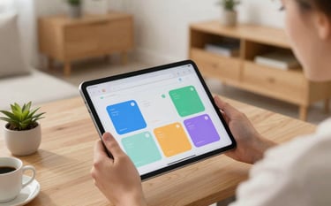 A lifestyle photograph of a person in a modern Eastern European / Croatian home office environment, holding a large tablet displaying a colorful and simple mobile application. The room is filled with natural daylight, featuring light wood furniture and a minimalist aesthetic. The lighting is soft and inviting, highlighting a sense of ease and accessibility.