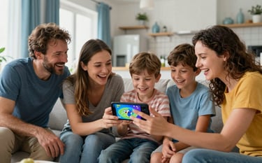 A warm, candid photograph of a multi-generational family in a bright, contemporary Croatian living room. They are gathered around a smartphone, laughing and interacting with a playful mobile game. The atmosphere is joyful and professional yet zaigran, with soft blue accents in the decor reflecting the brand colors.