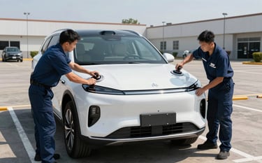 A wide photography shot of two technicians in professional uniforms installing a large, pristine new windshield onto a modern SUV. The setting is a clean, sunlit North American parking lot. The composition shows the technicians using specialized suction handles, emphasizing teamwork and innovative safety standards.