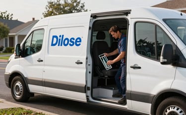 A crisp, commercial-style photograph of a modern white service van with professional blue branding parked on a suburban North American street. A technician is seen at the open rear doors, organizing clean, high-tech glass tools. The lighting is soft morning sun, highlighting a sense of efficient, customer-centric service.