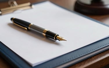 A close-up photograph of a luxury legal desk with a fountain pen and mist white documents, lit with warm natural light, reflecting a professional atmosphere of midnight blue and soft gold accents.