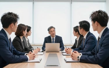 A high-end boardroom meeting scene showing professional silhouettes in midnight blue suits, focused on a strategy discussion under bright, clean white lighting.