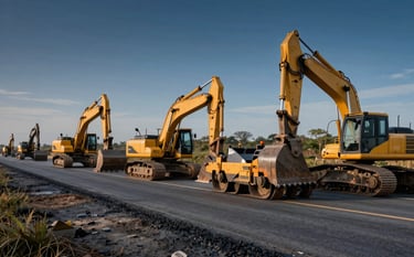 A fleet of yellow heavy machinery, including excavators and asphalt pavers, working on a large-scale highway project in a Latin American / Mexican landscape. Wide shot showcasing the magnitude of the heavy civil works. Cinematic morning lighting. Colors: orange machinery, dark blue sky, gray asphalt road.