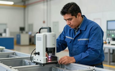 A Latin American / Mexican quality control specialist in corporate engineering attire using a modern laser scanning device to inspect the foundation of an industrial plant. Technical precision and reliability. Sharp focus, clean composition. Colors: medium blue lighting, light gray surfaces, white equipment.