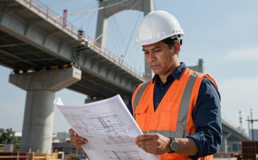 A professional Latin American / Mexican engineer wearing a white hard hat and an orange safety vest, examining high-detail blueprints on a construction site. In the background, a massive bridge structure is under development against a clear sky. High-contrast, sharp focus, professional corporate photography. Colors: dark blue shadows, orange safety accents, light gray concrete.