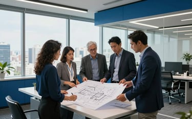 A group of professionals discussing blueprints in a modern South American / Brazilian corporate office. High-tech environment with Steel Blue furniture and Sky Blue accents, overlooking the cityscape through large windows.