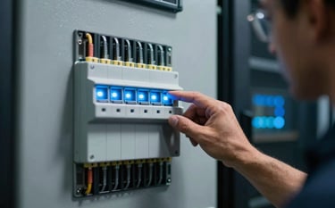 Close-up of a technician's hand inspecting a modern electrical control panel with technical precision in a South American / Brazilian data center. The panel glows with subtle status lights in Sky Blue, against a Cloud Grey metallic surface.