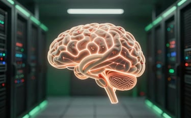 A cinematic, futuristic visualization of a neural network glow, subtly integrating the brand's Deep Ripe Crimson and Crisp Parchment colors. The scene shows a modern, minimalist server room with Matte Forest Green lighting on the edges. Tech-forward and sophisticated.