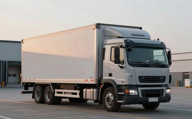 A modern refrigerated transport truck at a clean loading bay during early morning. Efficient, professional logistics scene with a focus on temperature control and reliability. Palette uses #1A3B2B for the truck and #F7FAF6 for the bright morning sky.
