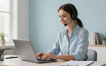 A professional woman in her early thirties sitting in a bright, sunlit home office. She is wearing a modern headset and smiling while looking at a laptop screen. The room is minimalist and clean, decorated in soft mist and sky blue tones with a modern desk. Professional photography, high-key lighting, shallow depth of field.