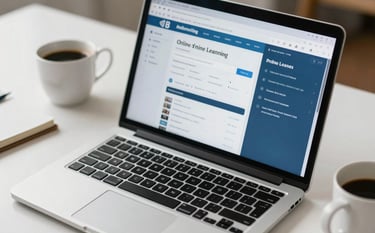 A close-up shot of a sleek, silver laptop on a clean white desk. The screen displays a professional online learning dashboard with sky blue and slate blue interface elements. A cup of coffee and a notebook are nearby. Soft, natural lighting creates a calm, focused atmosphere.