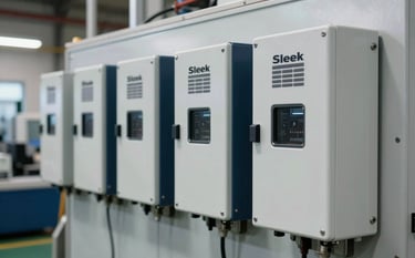 Sleek industrial AC drivers and inverters mounted on a factory wall, metallic finish, professional photography with shallow depth of field, Turkish / Anatolian factory background with machinery, Midnight Blue and Soft Ice White lighting.