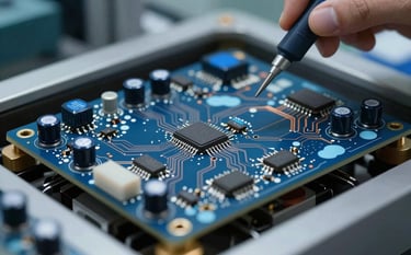 A high-precision electronic circuit board for high-frequency welding machines, macro photography, sharp focus on capacitors and copper traces, industrial laboratory lighting, professional engineering atmosphere in a Turkish / Anatolian manufacturing facility, Midnight Blue and Pale Cloud Blue tones, cinematic lighting.