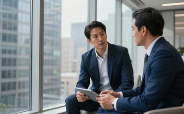 An executive coaching session in a sophisticated North American city high-rise. Two focused professionals in business-casual attire discuss growth strategies near floor-to-ceiling windows. The mood is expert and innovative with Midnight Blue details.