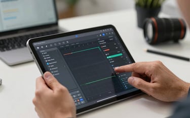 A close-up photograph of a professional's hands using a modern tablet in a bright, North American workspace. The screen displays a sophisticated skill-mapping dashboard. The background is a blurred, tech-forward corporate setting in Slate Grey.