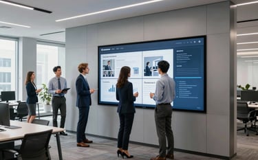 A high-end North American office interior with a collaborative workspace. Professionals in modern business attire are interacting with a sleek, digital touchscreen wall showing educational interface layouts. Lighting is clean and professional with Soft Silver and Midnight Blue accents.