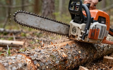Close-up photography of a heavy chainsaw cutting through a thick oak log, wood chips and sawdust flying through the air, raw and honest work atmosphere, Central European forest setting, natural daylight, focus on the steel chain and rough wood texture.