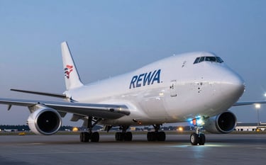 A low-angle, sharp photograph of a modern cargo jet on a tarmac at a North American hub. The scene is illuminated by crisp white and ice blue landing lights under a dusk sky. The composition highlights the immense scale and efficiency of global freight transport.