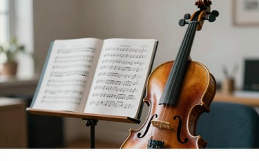A close-up of a classical violin and a wooden music stand holding sheet music with intricate notations. The background is a warm, creative studio space with soft shadows. The colors include deep teals #527A79 and light greys #B8C7C9, reflecting a compassionate and artistic spirit.