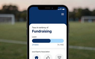 A close-up shot of a smartphone screen showing a fundraising progress bar for a local sports association. The background is a soft-focus athletic field at dusk. The UI elements on the phone incorporate #2F4858 and #7A9EAF for a professional, reliable feel.