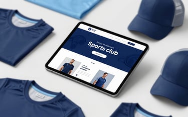 A professional flat-lay photograph of a tablet displaying a sleek e-commerce interface for a sports club, surrounded by high-quality branded sports apparel like jerseys and caps. The color palette includes #2F4858 and #7A9EAF, with clean lighting and a minimalist #F0F4F8 background.