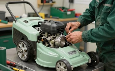 A clean, technical workshop in Northern France where a mechanic is repairing a lawnmower engine. The environment is organized and professional, reflecting technical mastery. Accents of pale spring green and dark forest green tools are visible.