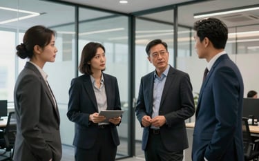 A professional medium shot of corporate experts in business attire collaborating in a modern North American office suite. The scene features clean lines, glass partitions, and a palette of charcoal and muted blue. The mood is expert and reliable.