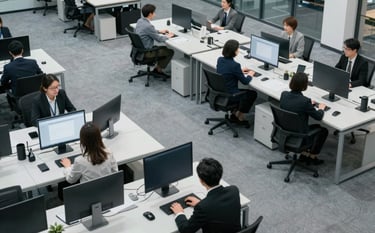 An overhead high-angle shot of an efficient, modern workplace in a North American corporate district. The scene displays professional technology, minimalist surfaces in light grey, and a collaborative vibe. The lighting is sharp and professional.