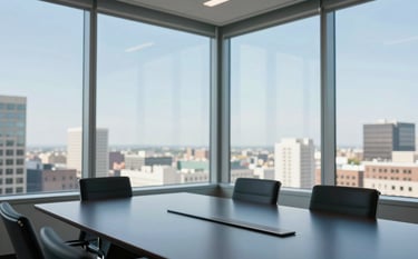Professional photography of a sun-drenched North American boardroom with large windows overlooking a cityscape. A polished dark blue table sits in the foreground with minimalist decor. The lighting is bright and clean, emphasizing a corporate and trustworthy atmosphere in shades of muted blue and light grey.