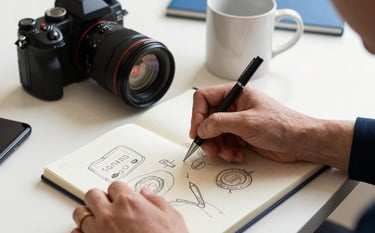 A close-up photograph of a creative workspace in a North American US studio. Hands are seen sketching a brand layout in a notebook next to a professional camera and a ceramic mug. The scene uses off-white and medium blue tones for a sophisticated, professional look.