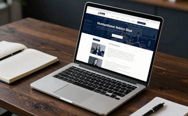 A sleek, modern laptop open on a dark wood desk in a North American US corporate setting. The screen shows a professional website architecture. Beside it sits a notebook with strategy notes. Lighting is high-contrast and professional, with navy blue and off-white color palette.
