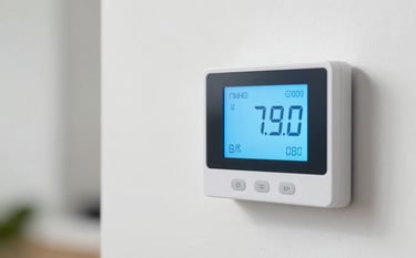 High-quality photography of a modern digital thermostat mounted on a clean white wall in a US residential setting. The screen glows with a soft light blue color, indicating a cool interior temperature. The composition is sharp and minimalist.