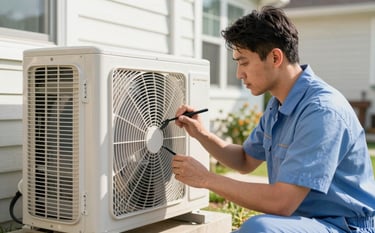 A professional technician in a clean uniform inspecting an outdoor air conditioning unit at a North American home. The lighting is bright and sunny, highlighting the metallic textures of the equipment. The scene uses a palette of white and light blue to convey cleanliness and reliability.