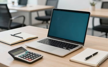 A clean, modern workspace in a Bothell, Washington office with a high-end laptop, a digital calculator, and a notebook on a light wood desk. The lighting is bright and professional, creating a sense of clarity and organization. North American / US style, incorporating shades of dark teal and off-white.