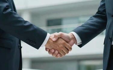 A firm handshake between two individuals in a professional North American / US corporate setting, symbolizing trust and a long-term partnership. The background is a soft-focus office with modern architecture. Palette features dark teal and light teal.