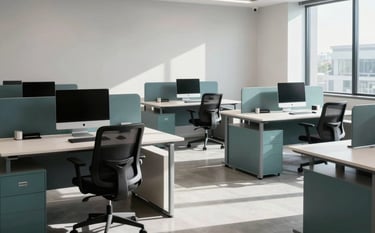 A professional and clean Australian office workspace with minimalist desks and ergonomic chairs. Natural sunlight reflects off spotless surfaces. The atmosphere is quiet and professional, featuring medium teal accents in the modern furniture. High-resolution commercial photography.