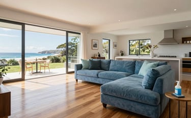 A bright and airy living room in a modern Australian coastal home on the Bellarine Peninsula. The space is pristine with polished wooden floors and large windows. Soft natural light illuminates Alice Blue and light teal cushions. A professional cleaning kit is subtly placed on a side table. High-end photography style, wide angle.