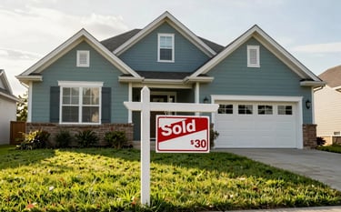 Professional photography of a charming suburban North American home in an established neighborhood. A 'Sold' sign stands in the green lawn under warm late afternoon sunlight. The color palette features muted blue and sage green architectural details.