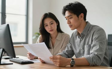 A focused, professional North American couple in a clean, modern home office setting, looking at paperwork together with a sense of relief and calm. Soft morning light enters from a nearby window. The atmosphere is trustworthy and efficient.
