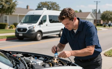 A professional technician in a clean uniform performing a light engine inspection on a vehicle parked on a clean North American suburban street. A modern white service van with subtle branding is visible in the background under bright, clear daylight.