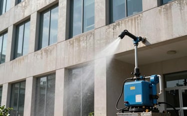 Industrial pressure washing equipment being used to clean the exterior of a modern commercial office building in a North American business district. The lighting is crisp and the composition shows the contrast between the clean and weathered surfaces.