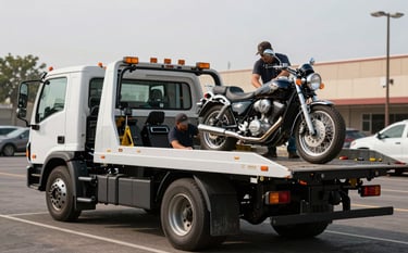 A heavy-duty modern tow truck in a North American setting, with the operator carefully securing a classic motorcycle onto a flatbed. The scene is shot with a shallow depth of field, highlighting the precision of the service in an urban parking lot.