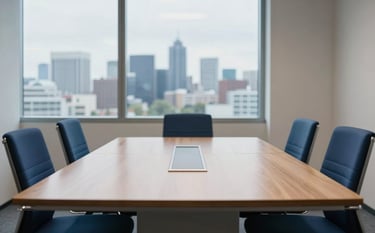 A photography of a clean, minimalist German boardroom with a large window overlooking a city skyline. Soft natural lighting, deep blue chairs around a light-colored wooden table, reflecting a mood of professional efficiency and clarity.