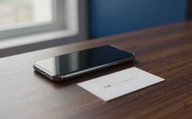 A close-up photograph of a sleek, high-end smartphone and a minimalist business card resting on a polished dark wood desk in a professional German office setting. Natural soft light from a nearby window, off-white and deep blue accents in the background.