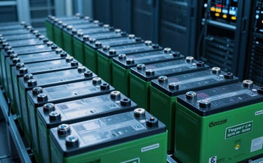 Rows of high-quality industrial deep-cycle batteries neatly arranged in a professional data center setting. The image uses mid blue and deep green lighting to convey reliability and innovation, South American industrial environment.