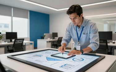 A modern engineering office in Bogota, Colombia, where a consultant is reviewing a technical energy blueprint on a large digital tablet. The scene is professional with off-white and mid blue accents, showcasing innovation.