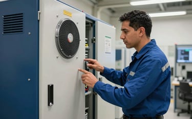 A professional South American technician in a clean uniform inspecting a large UPS energy backup system in a modern facility in Bogota, Colombia. The lighting is bright and industrial, highlighting clean lines and advanced technology, with deep blue and off-white tones.