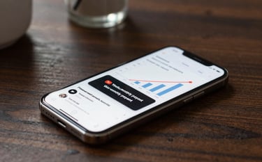 Photography of a high-end smartphone lying on a dark wooden table in a North American studio apartment. The screen shows a YouTube analytics page with a rising graph and a notification for a successful monthly payout, reflecting an empowering and successful creative lifestyle.