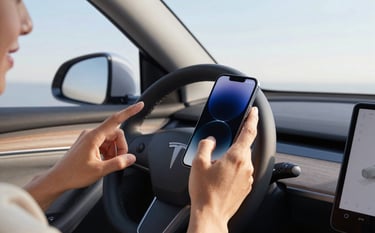 A close-up photograph of a person in a modern North American rideshare vehicle, speaking naturally into a sleek smartphone mounted on the dashboard. The lighting is soft morning sunlight. The car interior is clean and sophisticated with charcoal and light grey tones, emphasizing a sense of convenience and modern tech.