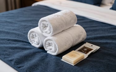 A luxury bedroom set-up with dark slate blue accents. On the bed, a set of rolled white towels and a small welcome kit with travel-sized soaps and a coffee sachet. The presentation is professional, mimicking a high-end hotel suite.